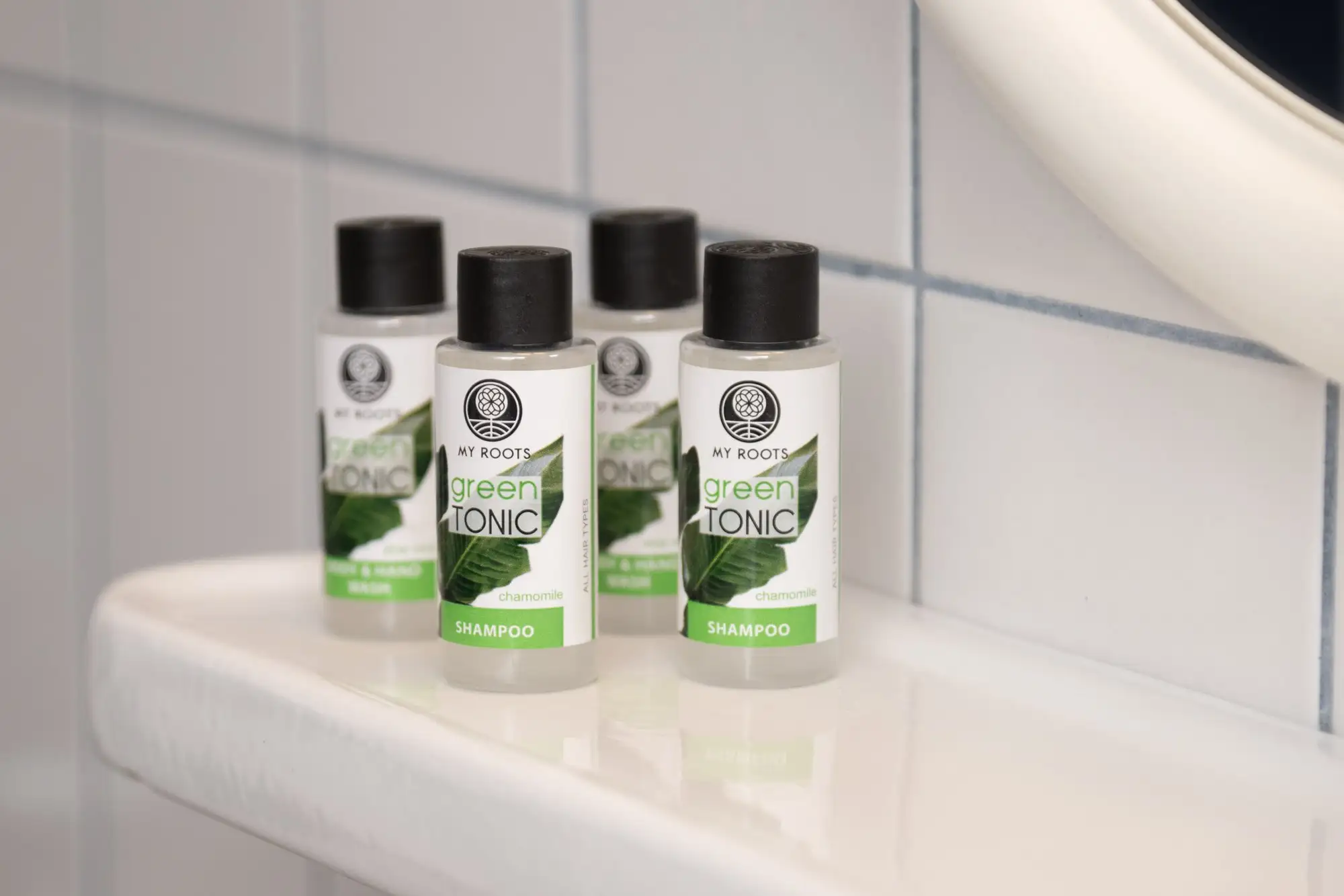 Shampooing et gel douche sur l’étagère de la salle de bain